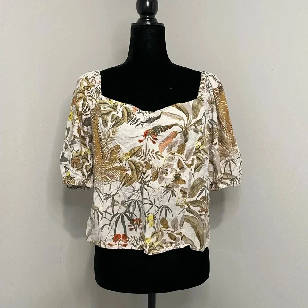 H&M Linen Blend Tropical‎ Print Puff Sleeve Top